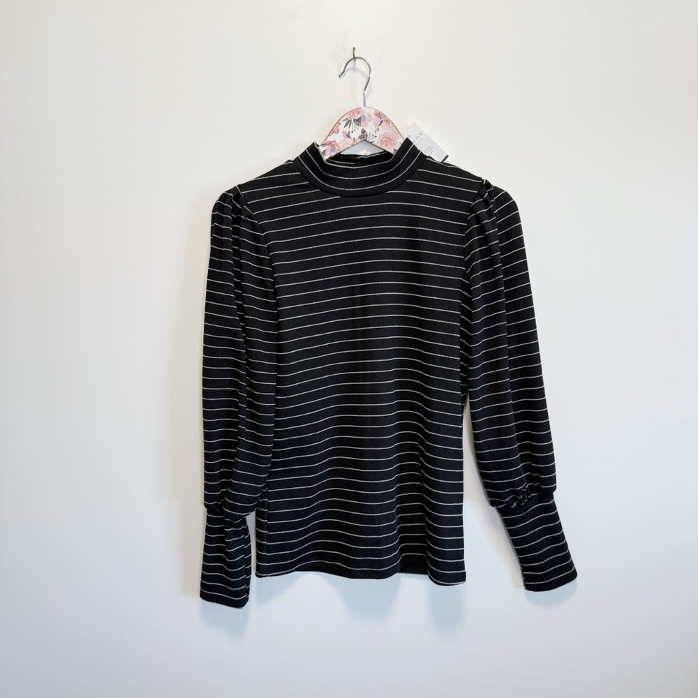 NWT BÖHME Black & White Striped Puff Sleeve Knit Top Button Back S Small